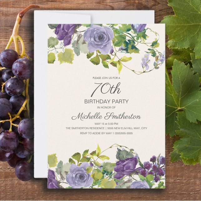 Elegant Purple Watercolor Floral 70th Birthday Invitation (Elegant purple watercolor floral 70th birthday party invitation for adults. )