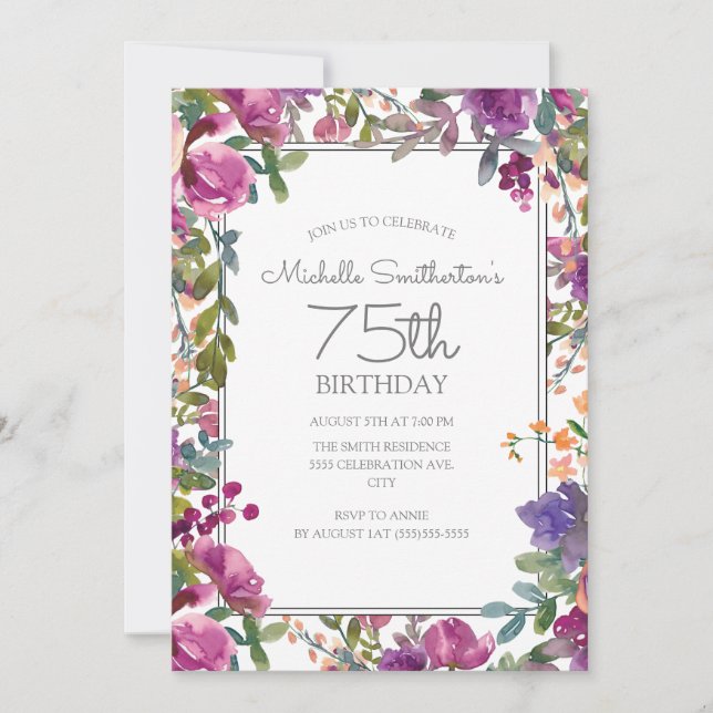 Elegant Purple Watercolor Floral 75th Birthday Invitation (Front)