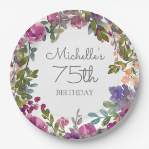 Elegant Purple Watercolor Floral 75th Birthday  Paper Plate