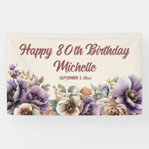 Elegant Purple Watercolor Floral 80th Birthday Banner