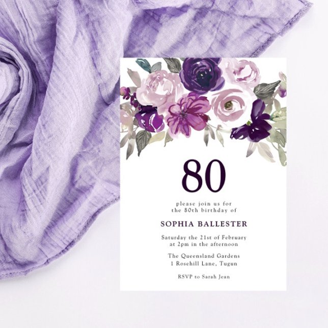 Elegant Purple Watercolor Floral 80th Birthday Invitation (Creator Uploaded)