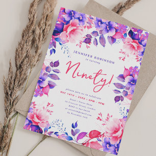 Elegant Purple Watercolor Floral 90th Birthday  Invitation