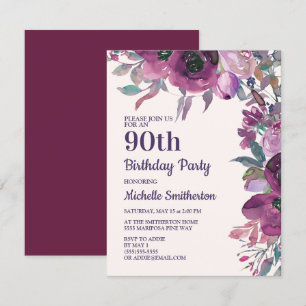 Elegant Purple Watercolor Floral 90th Birthday Invitation