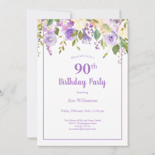 Elegant Purple Watercolor Floral 90th Birthday Invitation