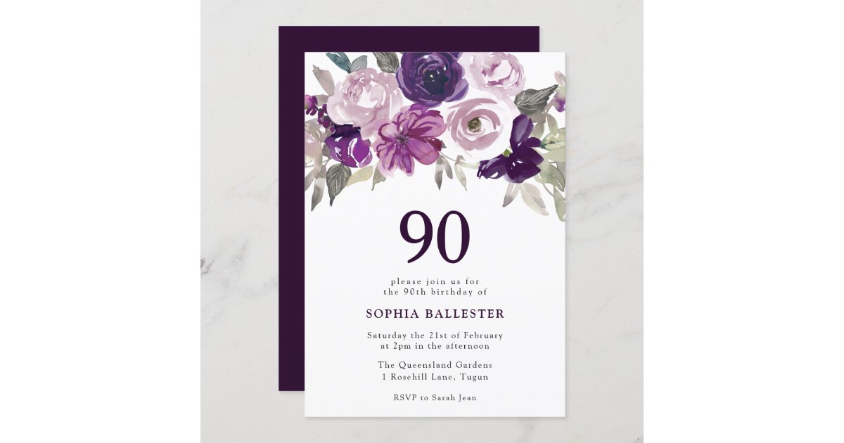 Elegant Purple Watercolor Floral 90th Birthday Invitation Zazzle