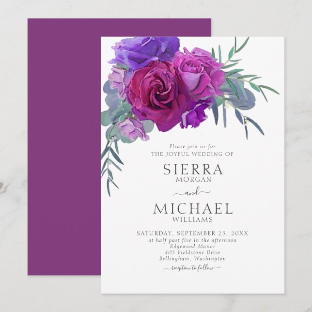 Elegant Purple Watercolor Floral Botanical Wedding Invitation (Front/Back)