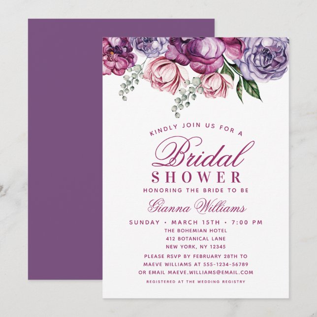 Elegant Purple Watercolor Floral Bridal Shower Invitation (Front/Back)