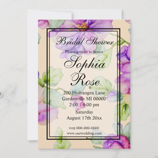 Elegant purple watercolor floral Bridal Shower Invitation (Front)