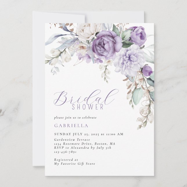 Elegant Purple Watercolor Floral Bridal Shower Invitation (Front)