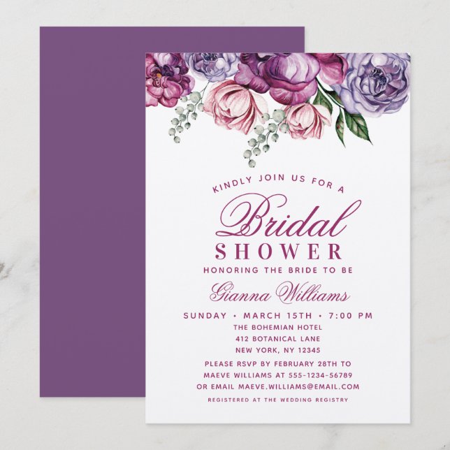 Elegant Purple Watercolor Floral Bridal Shower Invitation (Front/Back)