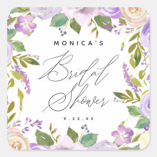 Elegant Purple Watercolor Floral  Bridal Shower Square Sticker