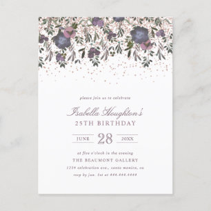 Elegant Purple Watercolor Floral Drop Birthday Invitation Postcard