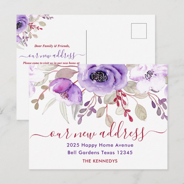 Elegant Purple Watercolor Floral New Address    Announcement Postcard (Front/Back)