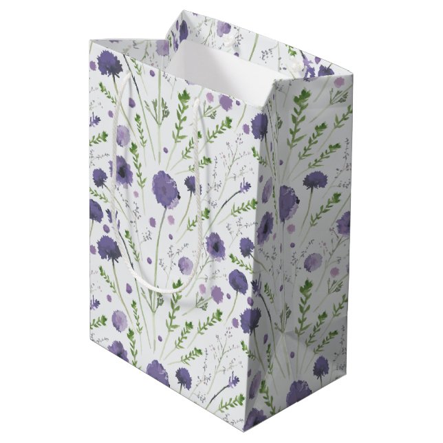 Elegant Purple Watercolor Floral Pattern Medium Gift Bag (Back Angled)