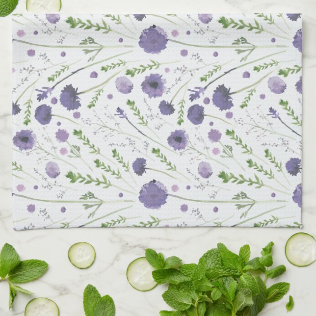 Elegant Purple Watercolor Floral Pattern Tea Towel (Folded)