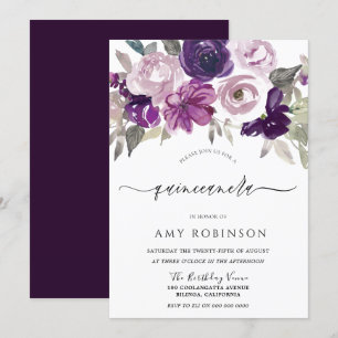Elegant Purple Watercolor Floral Quinceanera Party Invitation