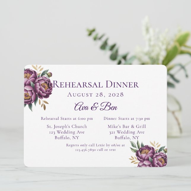 Elegant Purple Watercolor Floral Rehearsal Dinner Invitation (Standing Front)