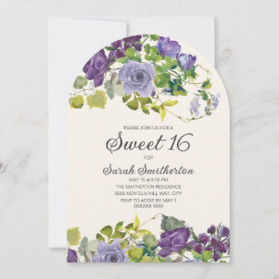 Elegant Purple Watercolor Floral Vines Sweet 16 Invitation