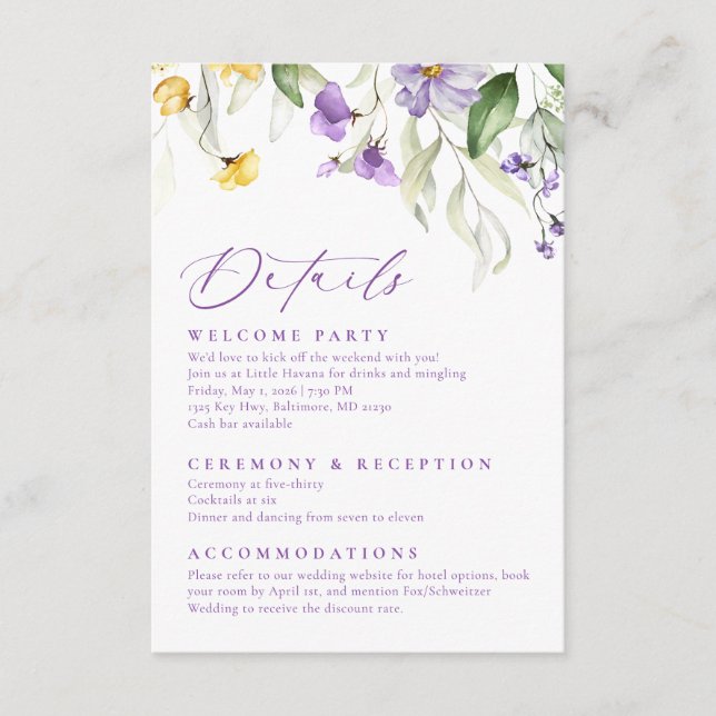 Elegant Purple Watercolor Floral Wedding Enclosure Card (Front)