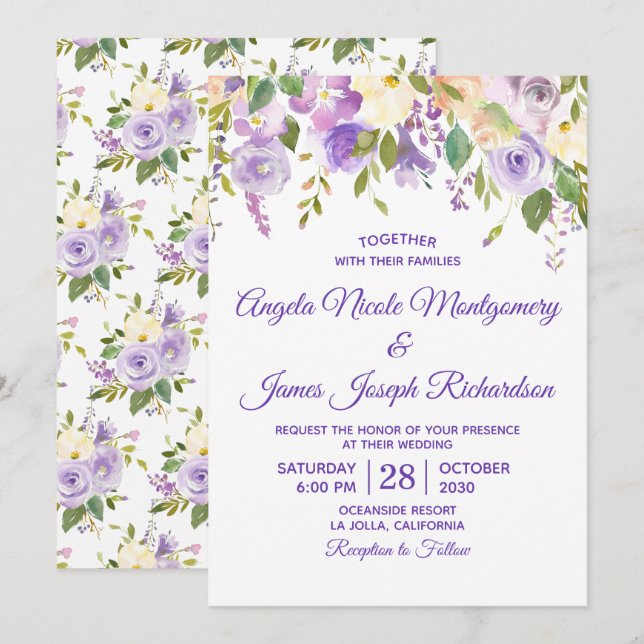 Elegant Purple Watercolor Floral Wedding Invitation (Front/Back)