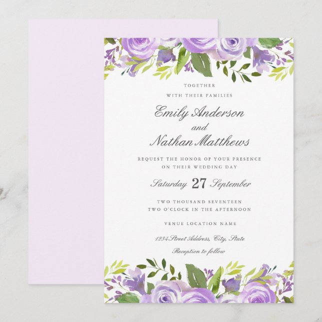 Elegant Purple Watercolor Floral Wedding Invitation (Front/Back)