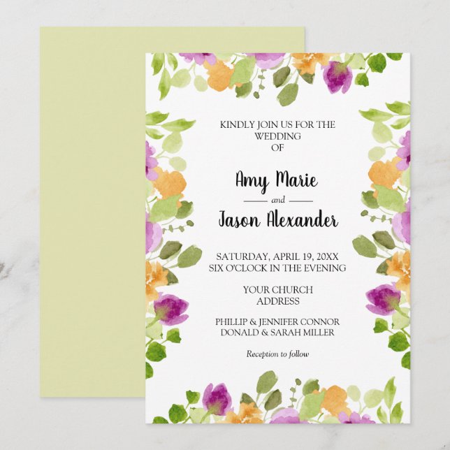 Elegant Purple Watercolor Floral Wedding Invitation (Front/Back)