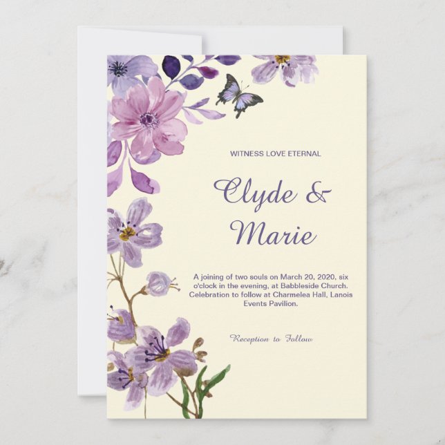Elegant Purple Watercolor Floral Wedding  Invitation (Front)