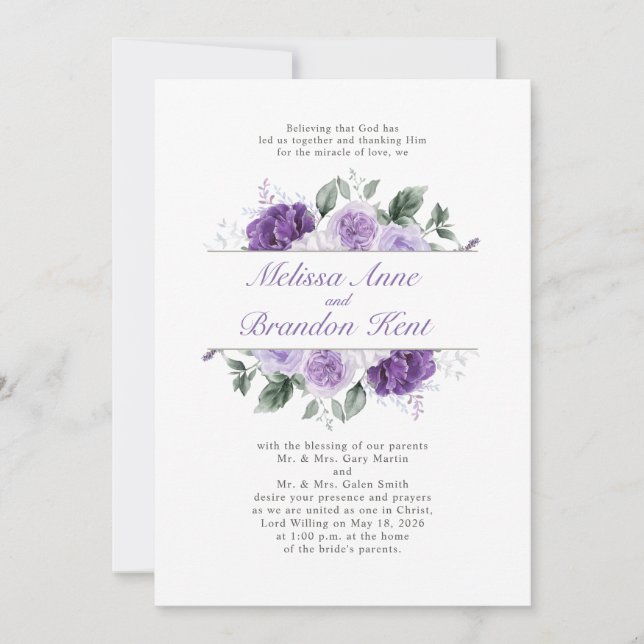Elegant Purple Watercolor Floral Wedding Invitation (Front)
