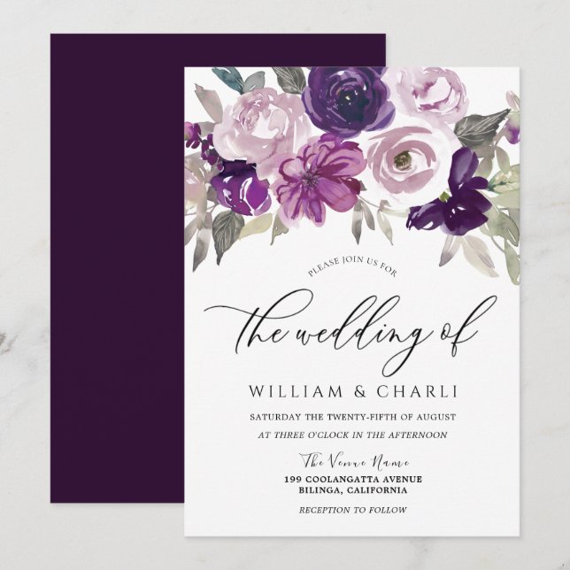 Elegant Purple Watercolor Floral Wedding Invitation (Front/Back)