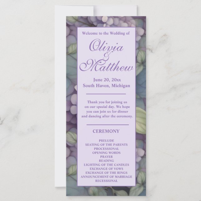 Elegant purple watercolor floral Wedding program (Front)