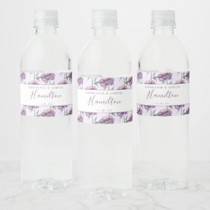 Elegant Purple Watercolor Floral Wedding Reception Water Bottle Label