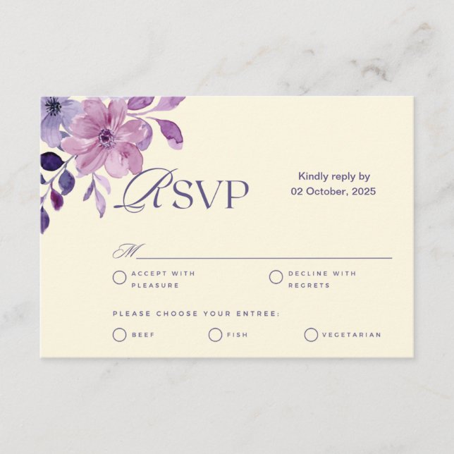 Elegant Purple Watercolor Floral Wedding RSVP Card (Front)