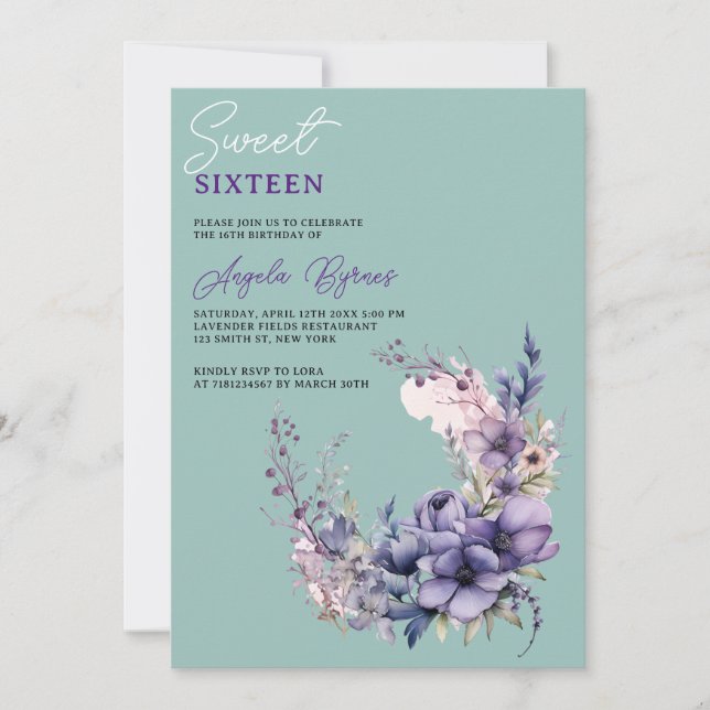Elegant Purple Watercolor Floral Wreath Sweet 16  Invitation (Front)