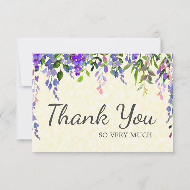 Elegant Purple Watercolor Floral Yellow Thank You Card (Front)