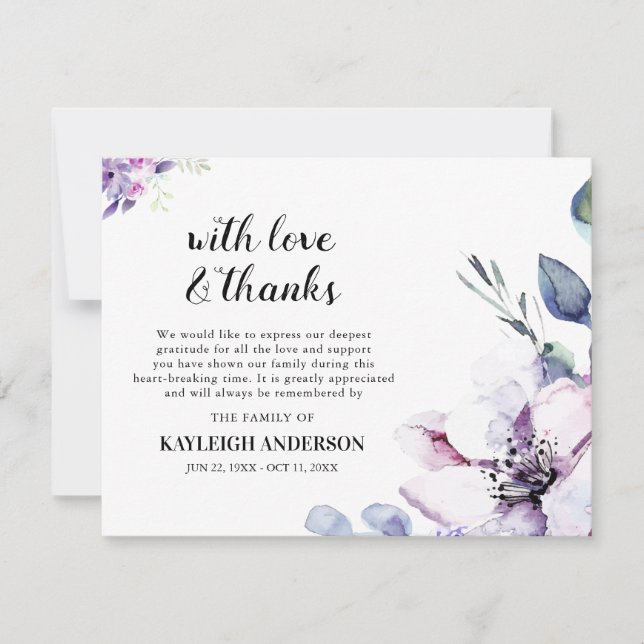 Elegant Purple Watercolor Flower Photo Thank You Card (Front)