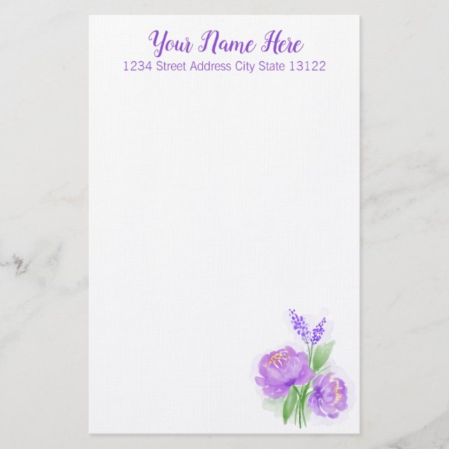 Elegant Purple Watercolor Flower Stationery (Front)