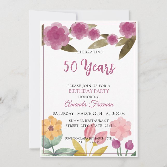 Elegant Purple Watercolor Flowers Mother Birthday Invitation (Front)