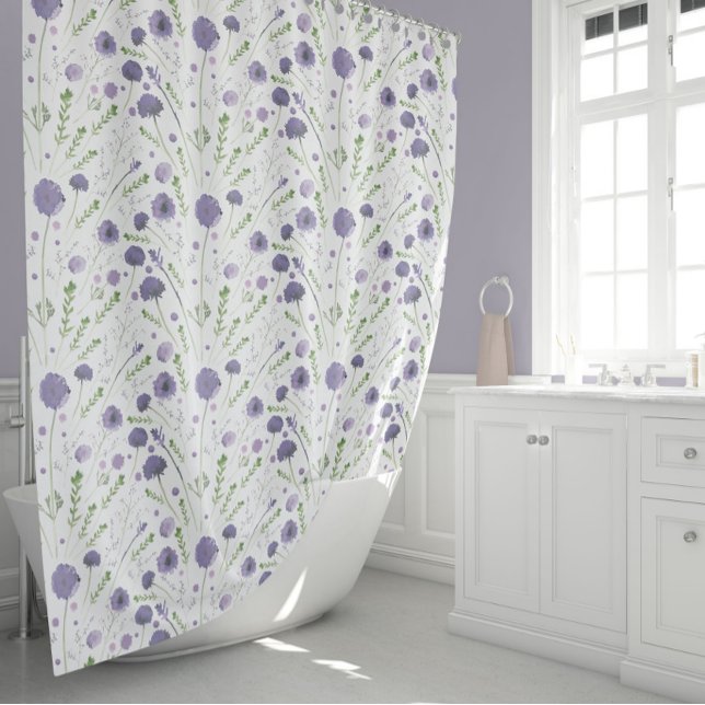 Elegant Purple Watercolor Flowers Shower Curtain (Elegant Purple Green Watercolor Flowers Shower Curtain from Studio Posies.)