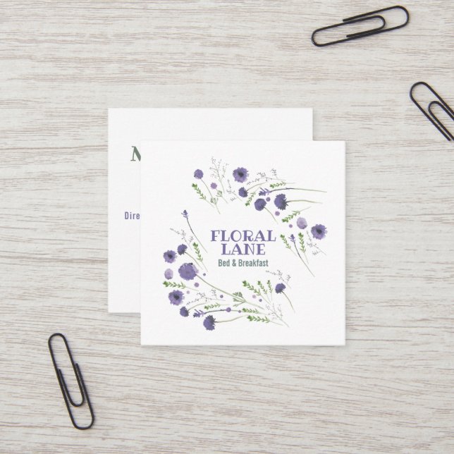 Elegant Purple Watercolor Flowers Vacation Rental Square Business Card (Front/Back In Situ)