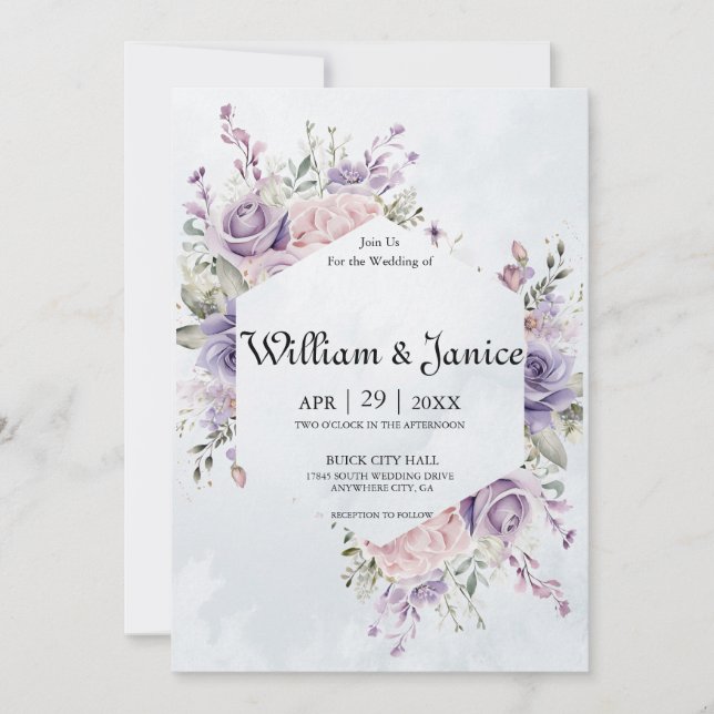 Elegant Purple Watercolor Flowers Wedding  Invitation (Front)