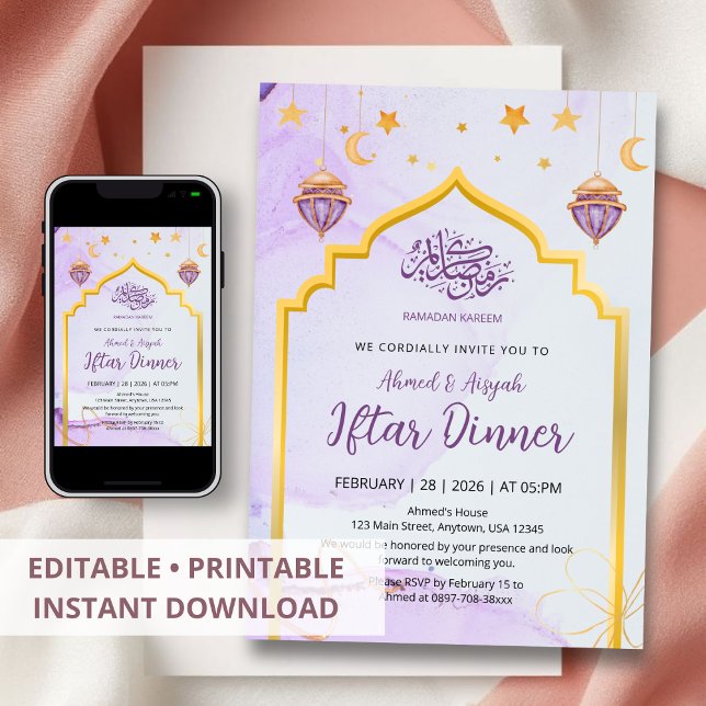 Elegant Purple Watercolor Gold Arch Iftar Party Invitation (Creator Uploaded)