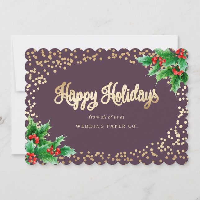 Elegant Purple Watercolor Holly Berries Business Holiday Card (Front)