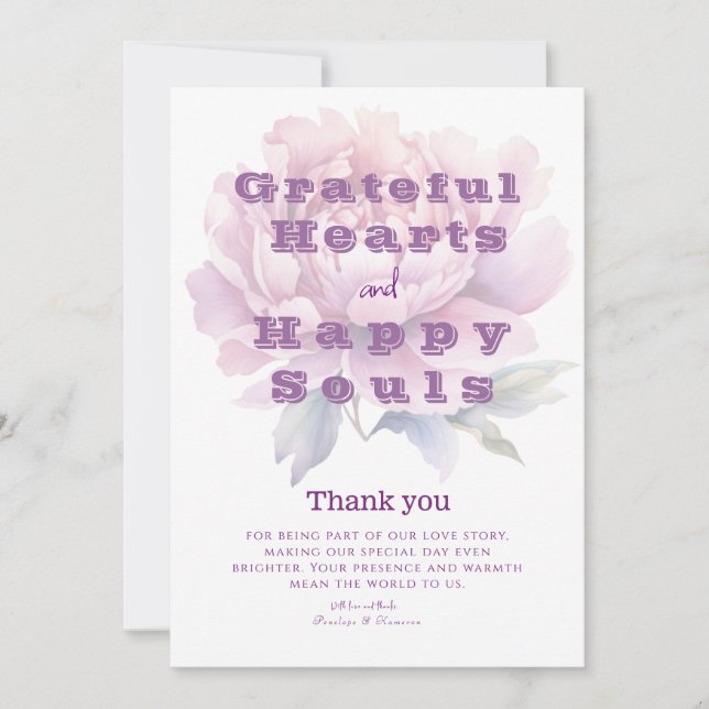Elegant Purple Watercolor Peony  Wedding Thank You Card (Front)