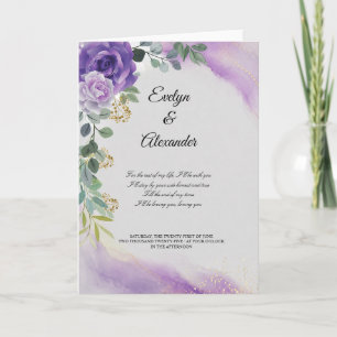 Elegant Purple Watercolor Rose Gold Wedding Card