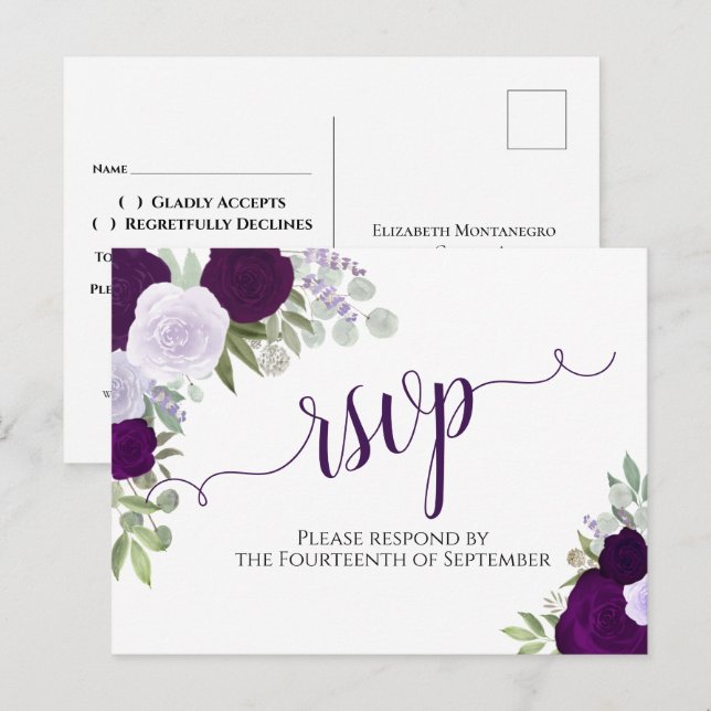 Elegant Purple Watercolor Roses Wedding RSVP Postcard (Front/Back)
