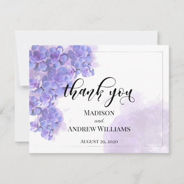 Elegant Purple Watercolor Succulents Thank You Card (Front)
