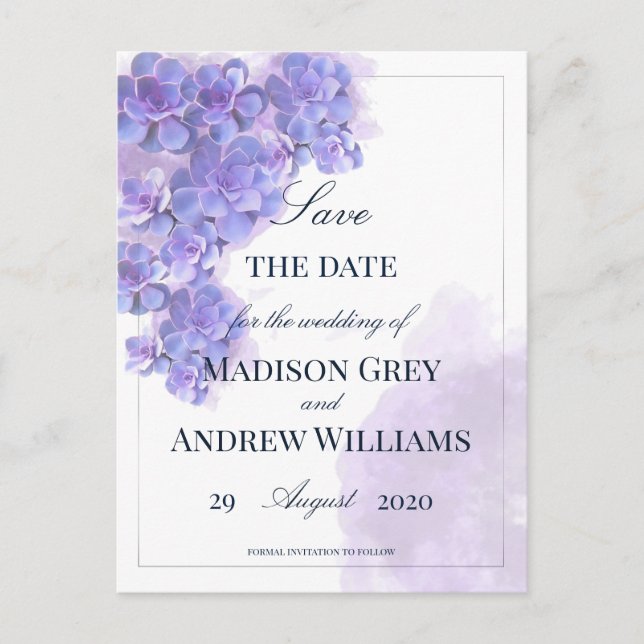Elegant Purple Watercolor Succulents Wedding Announcement Postcard (Front)