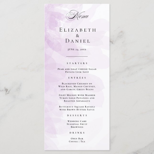 Elegant Purple Watercolor Wedding Menu (Front)