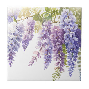 Elegant purple watercolor wisteria blue floral tile