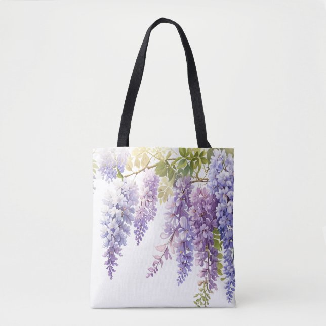 Elegant purple watercolor wisteria blue floral  tote bag (Front)